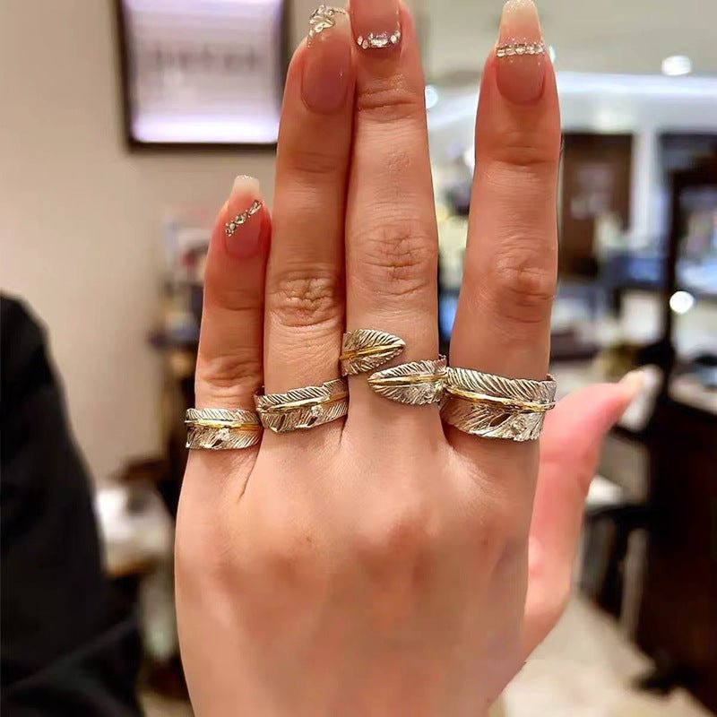 Two‑Tone Feather Open Band 925 Silver Ring - floysun