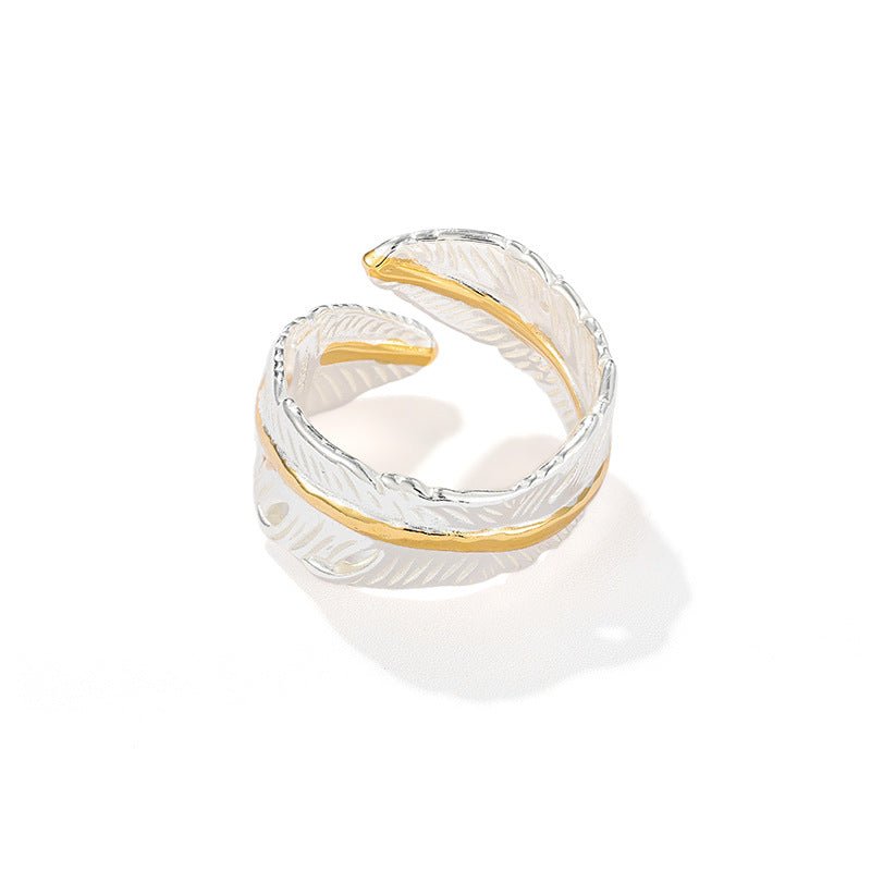 Two‑Tone Feather Open Band 925 Silver Ring - floysun