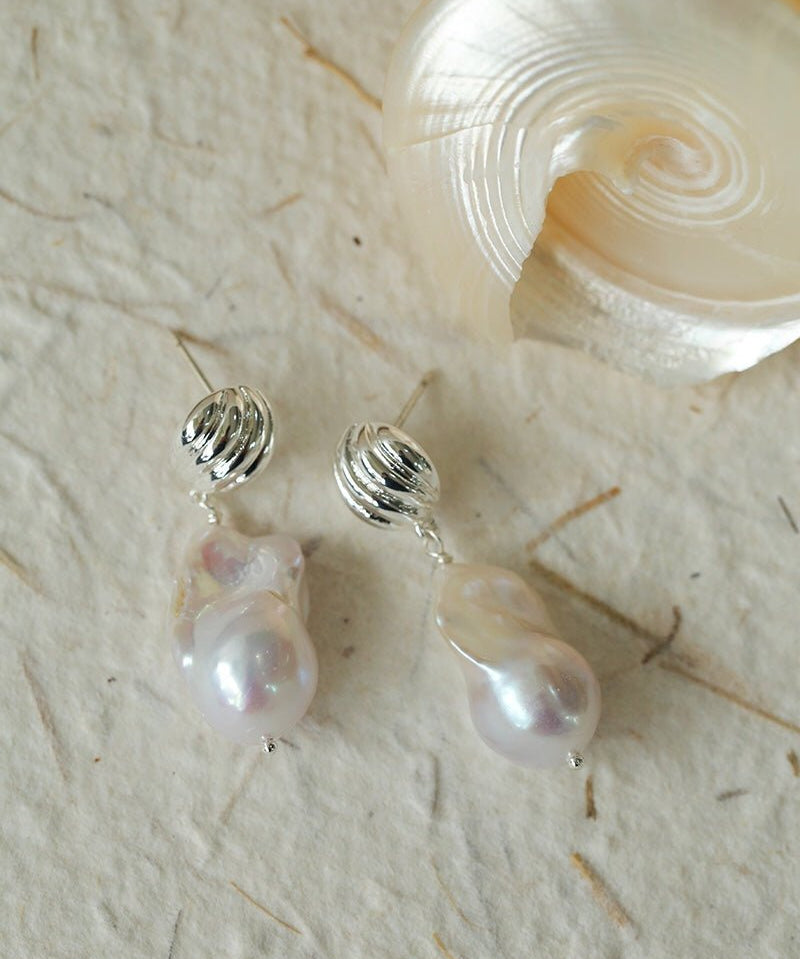 Undercurrent Silver Shell Baroque Pearl Drop Earrings - floysun