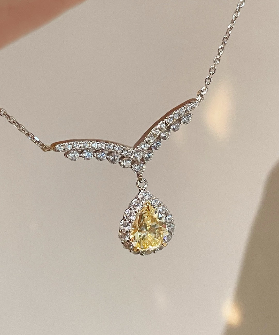 V - Crown Diamond Drop Necklace with Yellow Diamond Accent - floysun