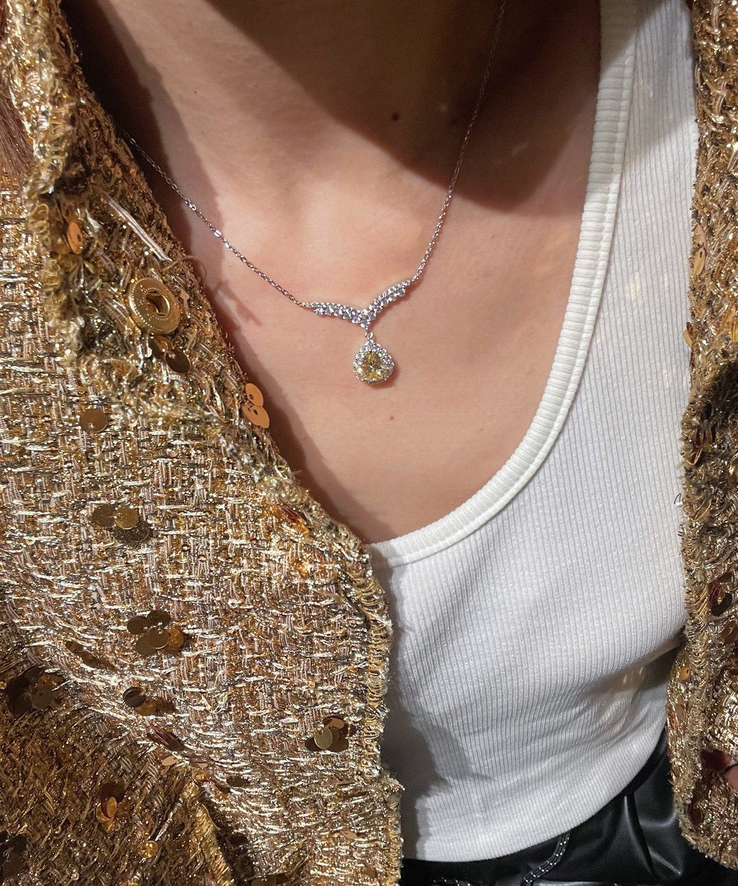 V - Crown Diamond Drop Necklace with Yellow Diamond Accent - floysun