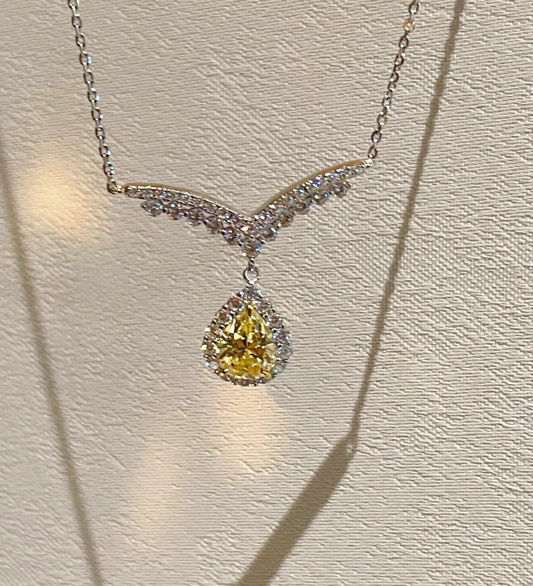 V - Crown Diamond Drop Necklace with Yellow Diamond Accent - floysun