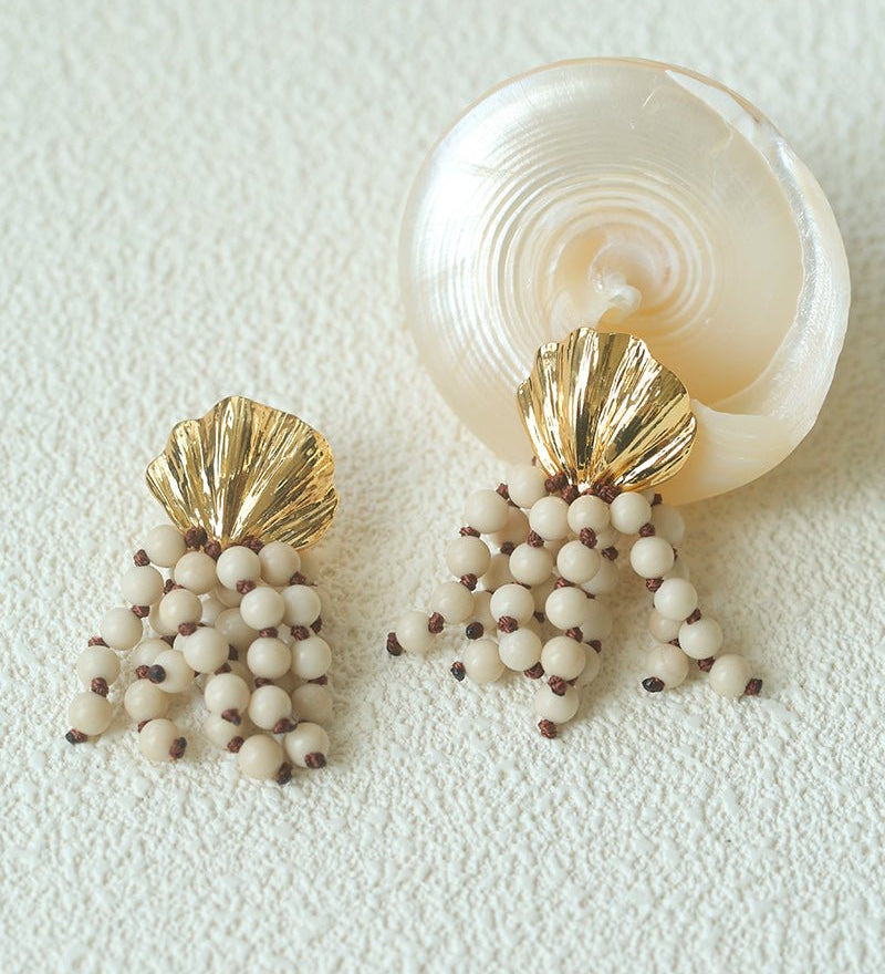 Vacation Collection White Fossil Bead Tassel Earrings - floysun