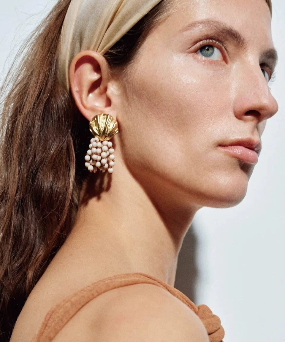 Vacation Collection White Fossil Bead Tassel Earrings - floysun