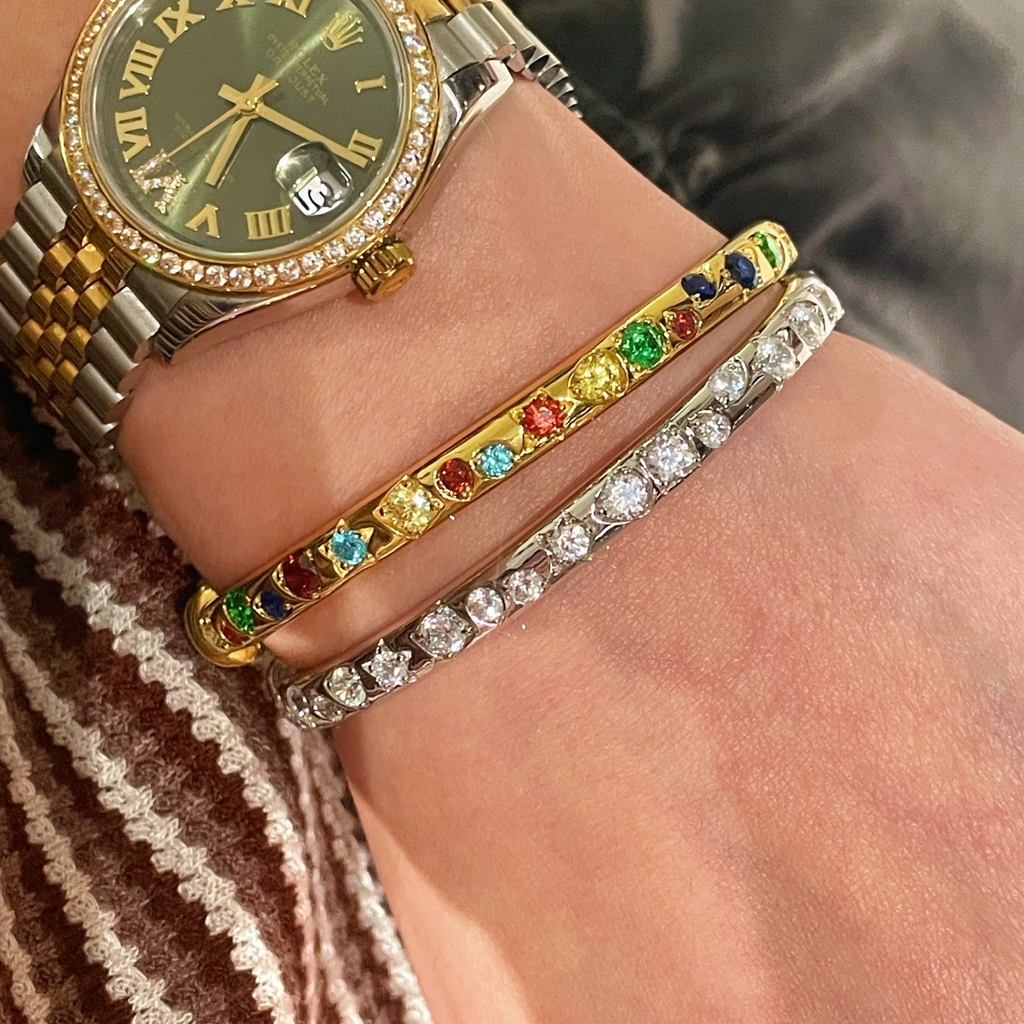 Vibrant Rainbow Multi - Gem Bangle - Gold - floysun