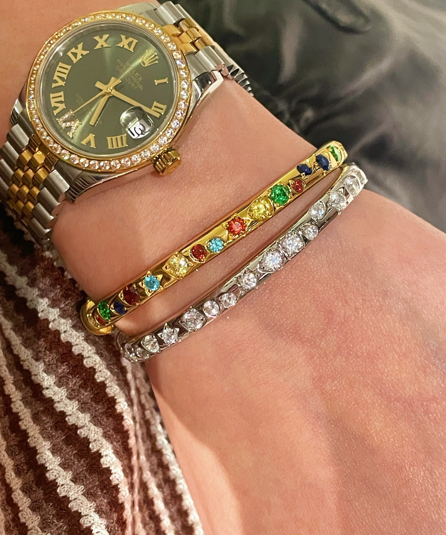 Vibrant Rainbow Multi - Gem Bangle - Gold - floysun