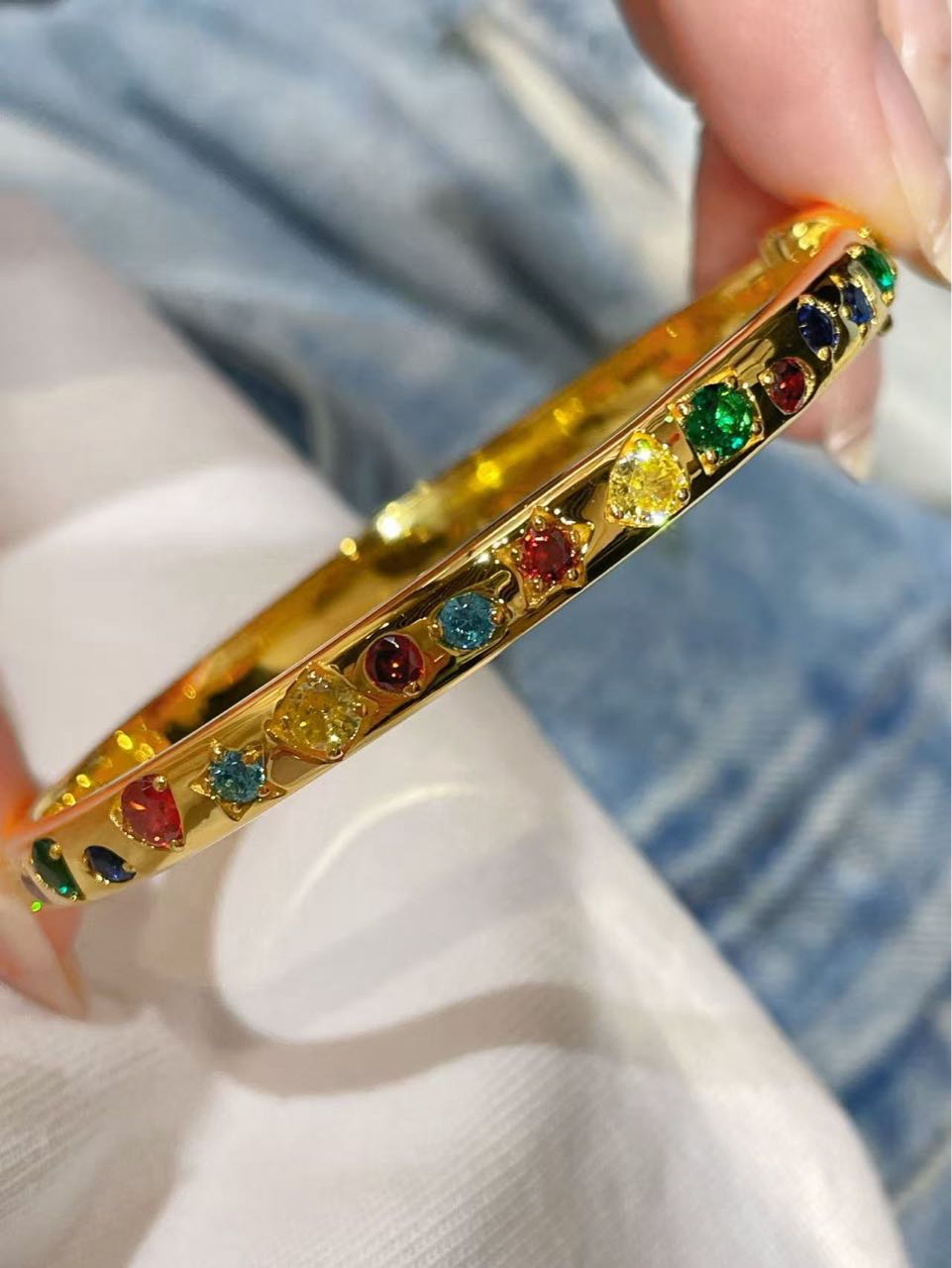 Vibrant Rainbow Multi - Gem Bangle - Gold - floysun