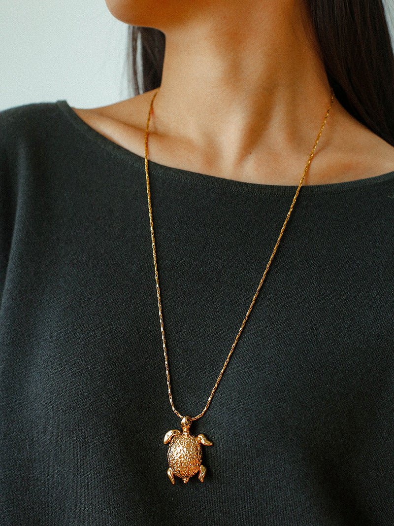 Vintage 3D Gold Turtle Pendant Long Necklace - floysun