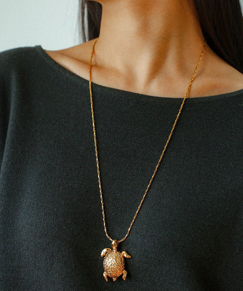 Vintage 3D Gold Turtle Pendant Long Necklace - floysun