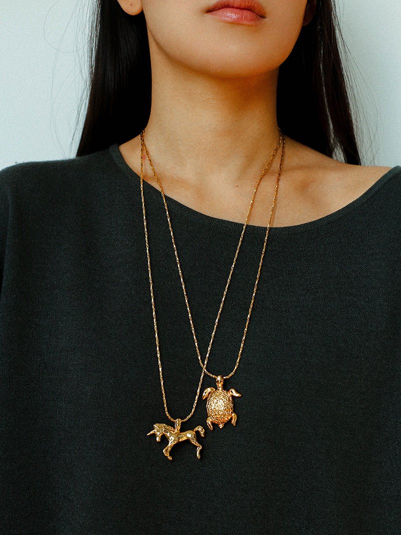 Vintage 3D Gold Turtle Pendant Long Necklace - floysun
