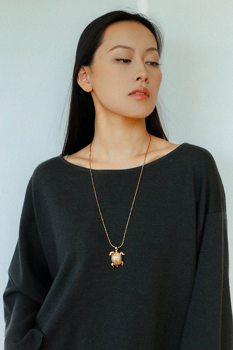 Vintage 3D Gold Turtle Pendant Long Necklace - floysun