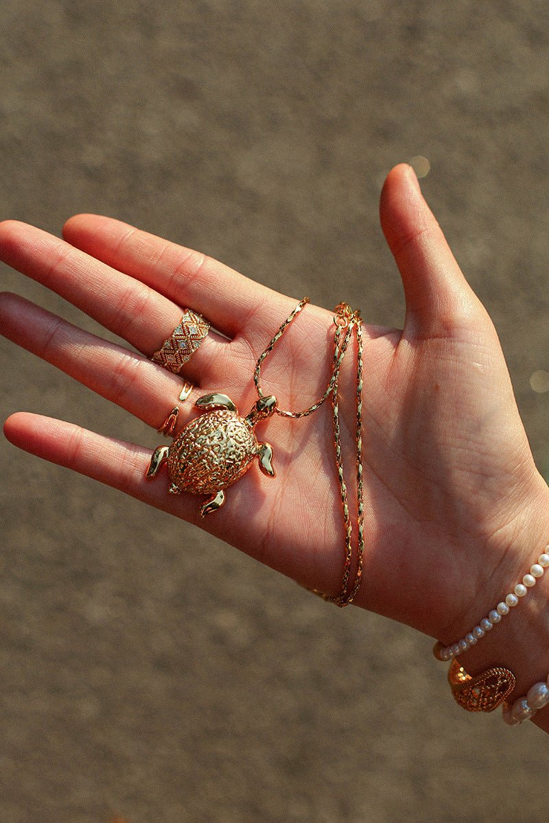 Vintage 3D Gold Turtle Pendant Long Necklace - floysun