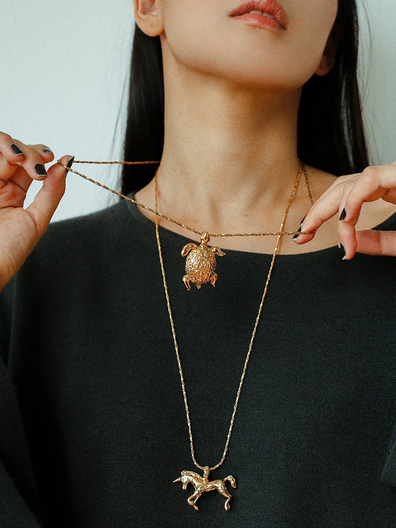 Vintage 3D Gold Turtle Pendant Long Necklace - floysun