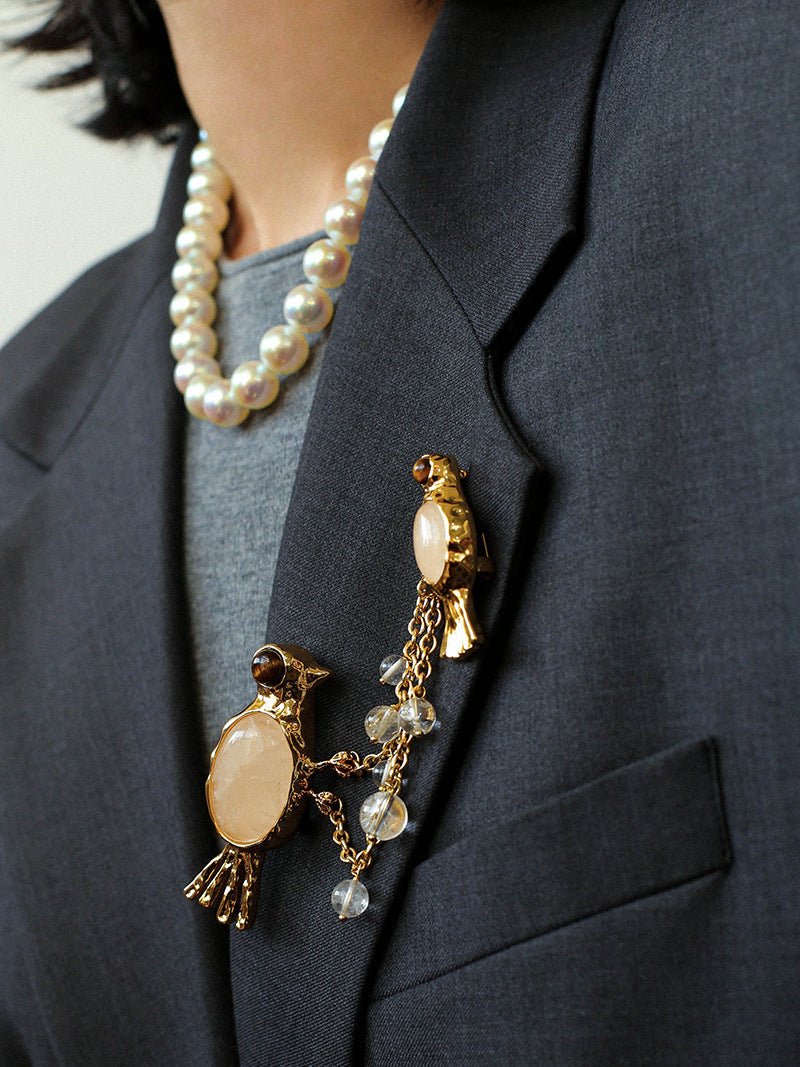 Vintage 3D Love Birds Chain Brooch - floysun