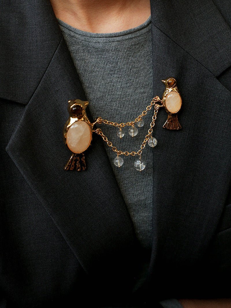 Vintage 3D Love Birds Chain Brooch - floysun