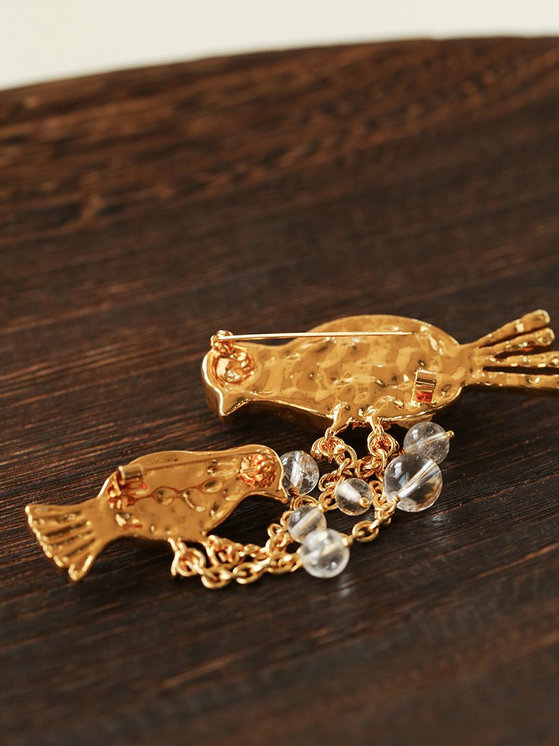 Vintage 3D Love Birds Chain Brooch - floysun