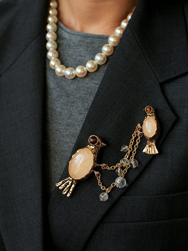 Vintage 3D Love Birds Chain Brooch - floysun