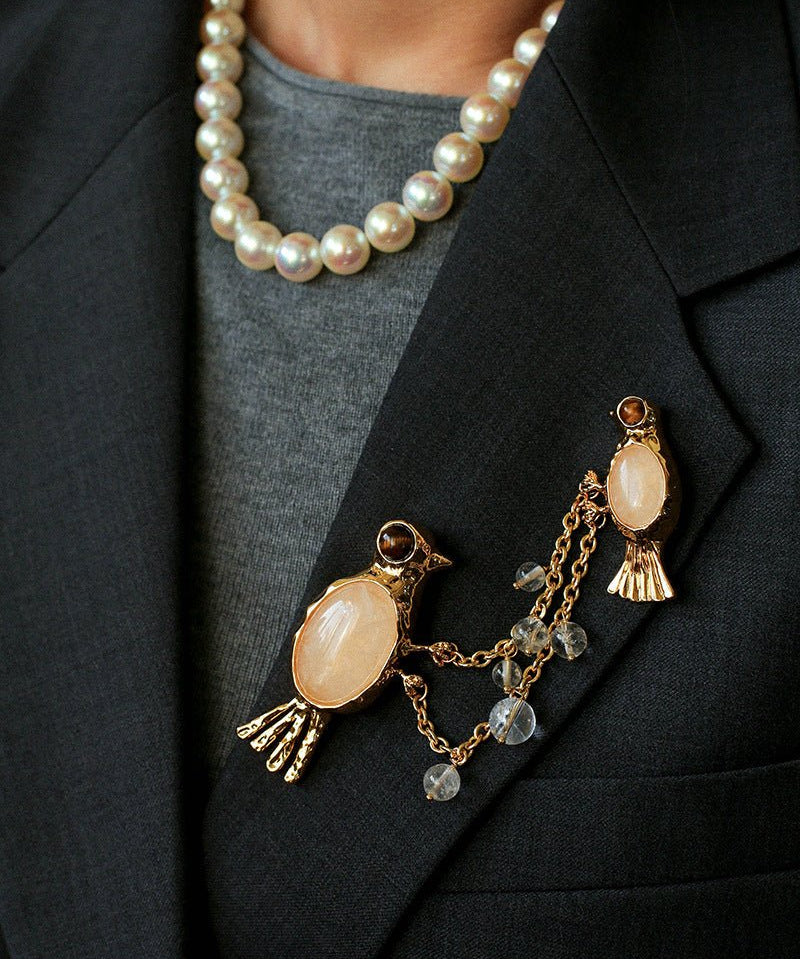 Vintage 3D Love Birds Chain Brooch - floysun