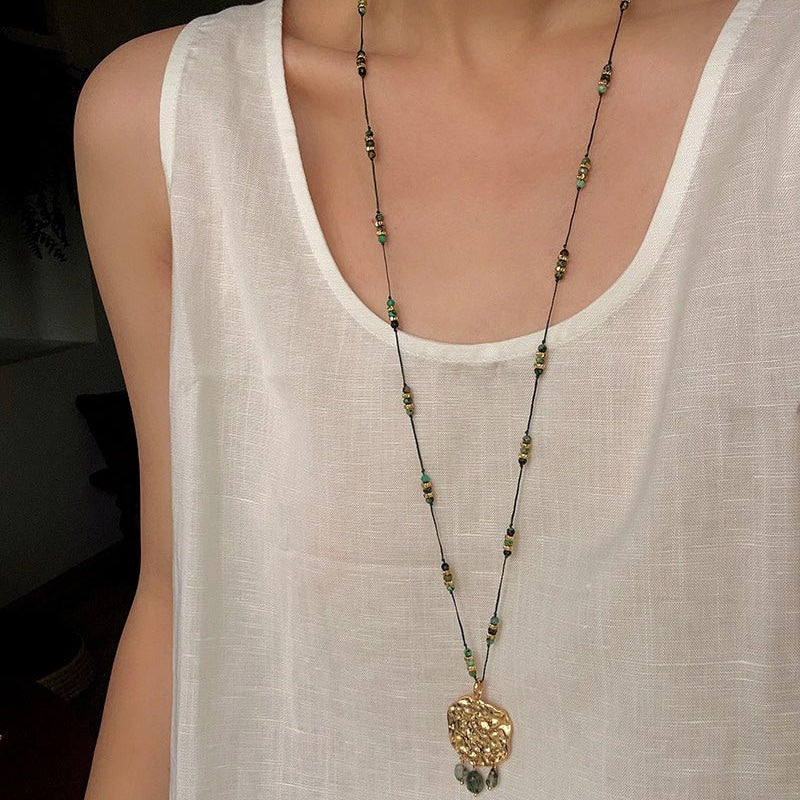 Vintage African Turquoise Wax Cord Long Pendant Necklace - floysun