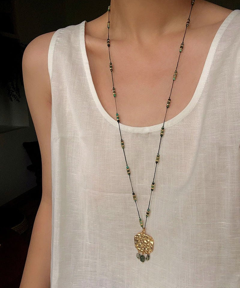 Vintage African Turquoise Wax Cord Long Pendant Necklace - floysun