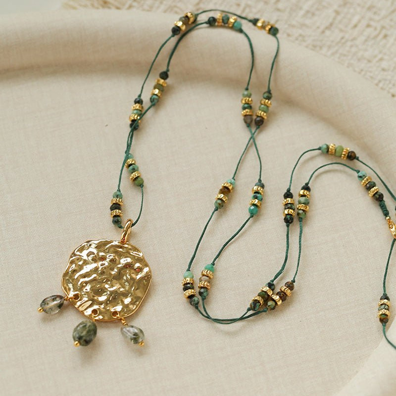 Vintage African Turquoise Wax Cord Long Pendant Necklace - floysun