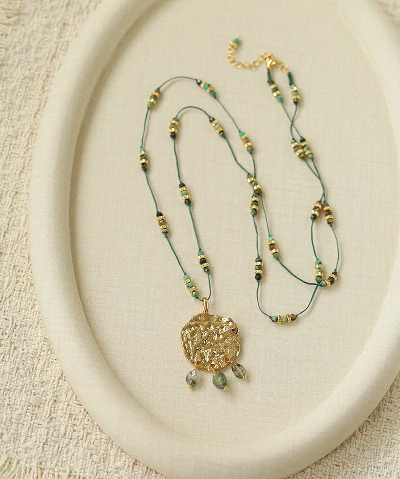 Vintage African Turquoise Wax Cord Long Pendant Necklace - floysun