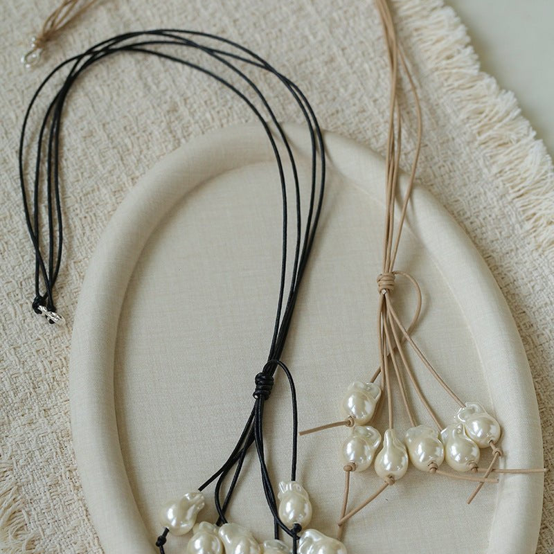 Vintage Artisan Multi Baroque Pearl Cord Long Necklace - floysun