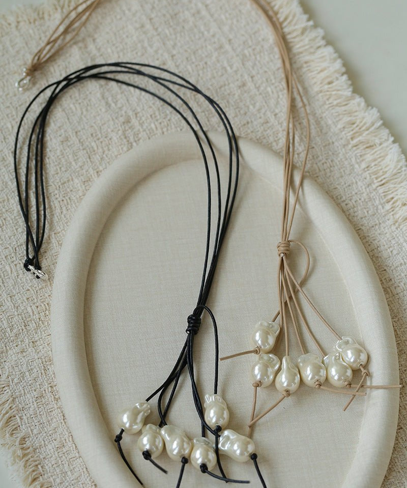 Vintage Artisan Multi Baroque Pearl Cord Long Necklace - floysun