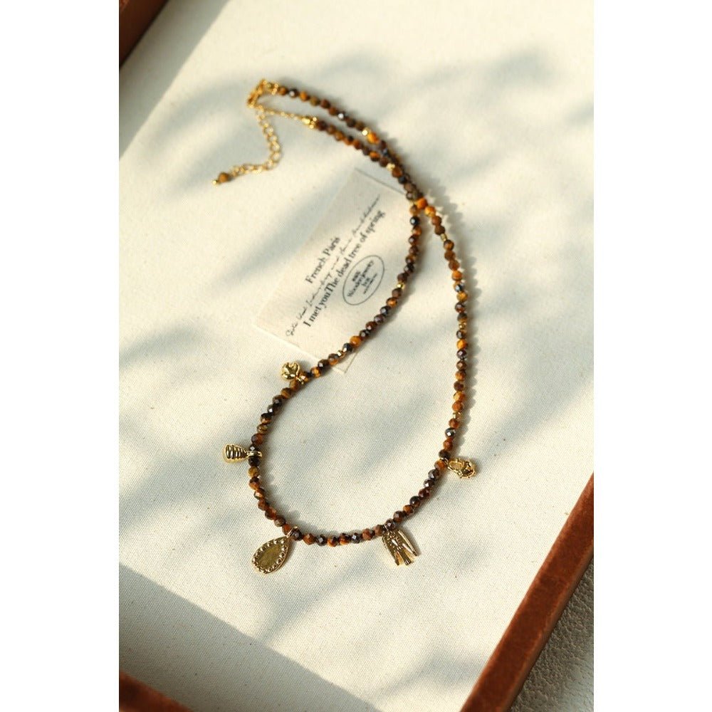 Vintage Autumn-Winter Maillard Beaded Necklace – Natural Tiger Eye Beads - floysun