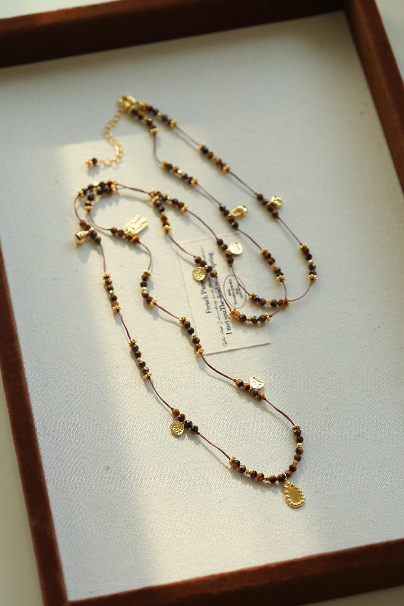 Vintage Autumn - Winter Maillard Beaded Necklace – Natural Tiger Eye Beads - floysun
