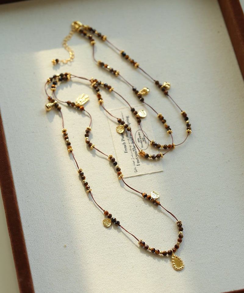Vintage Autumn - Winter Maillard Beaded Necklace – Natural Tiger Eye Beads - floysun