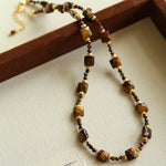 Vintage Autumn - Winter Maillard Beaded Necklace – Natural Tiger Eye Beads - floysun