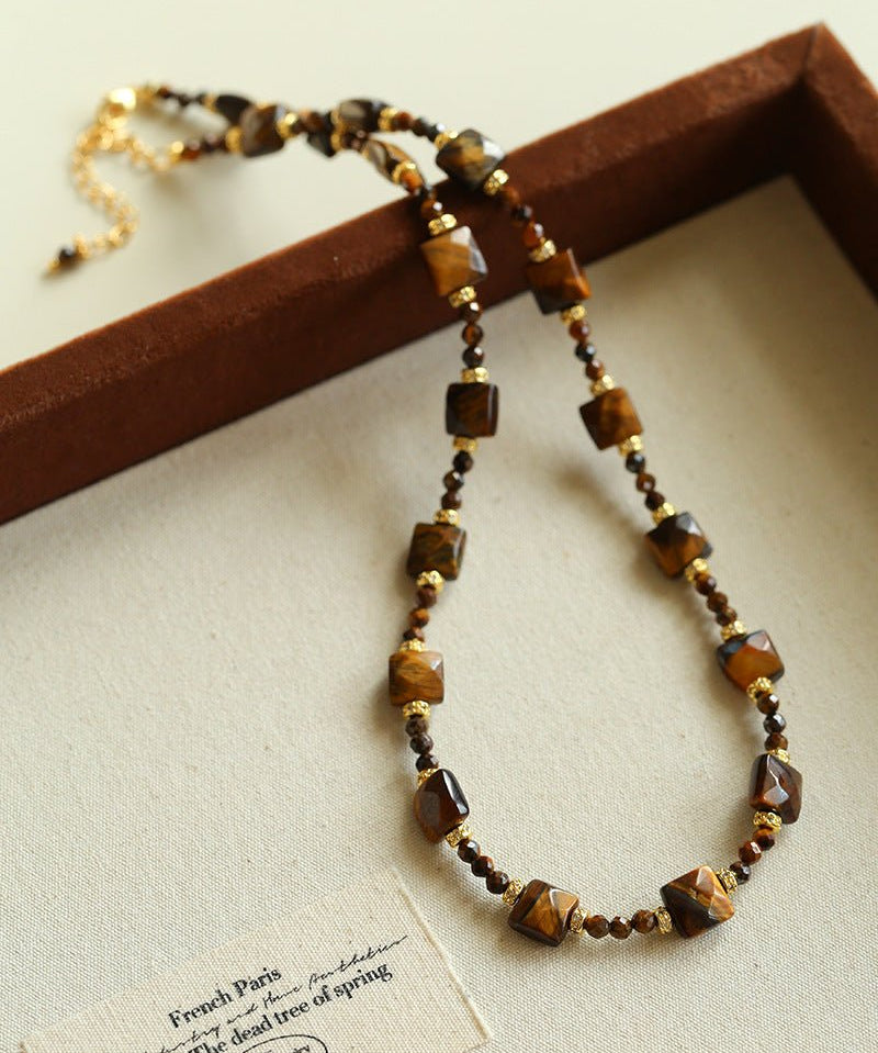 Vintage Autumn - Winter Maillard Beaded Necklace – Natural Tiger Eye Beads - floysun
