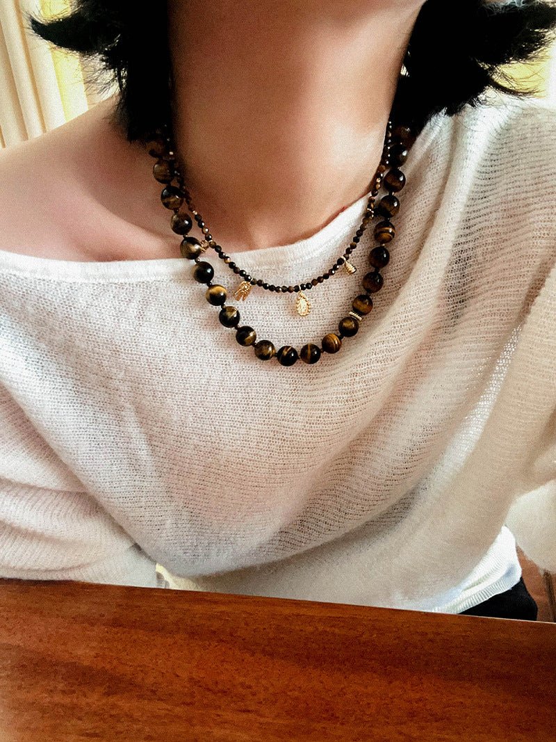 Vintage Autumn - Winter Maillard Beaded Necklace – Natural Tiger Eye Beads - floysun