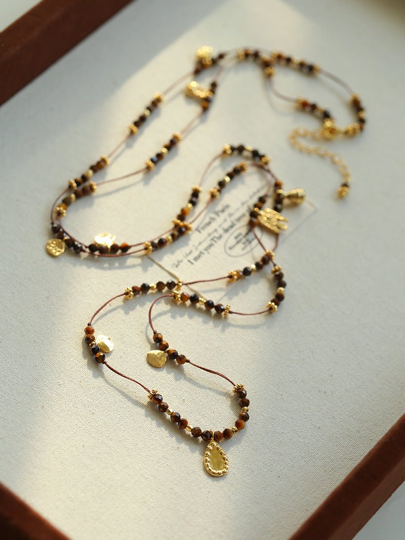 Vintage Autumn - Winter Maillard Beaded Necklace – Natural Tiger Eye Beads - floysun