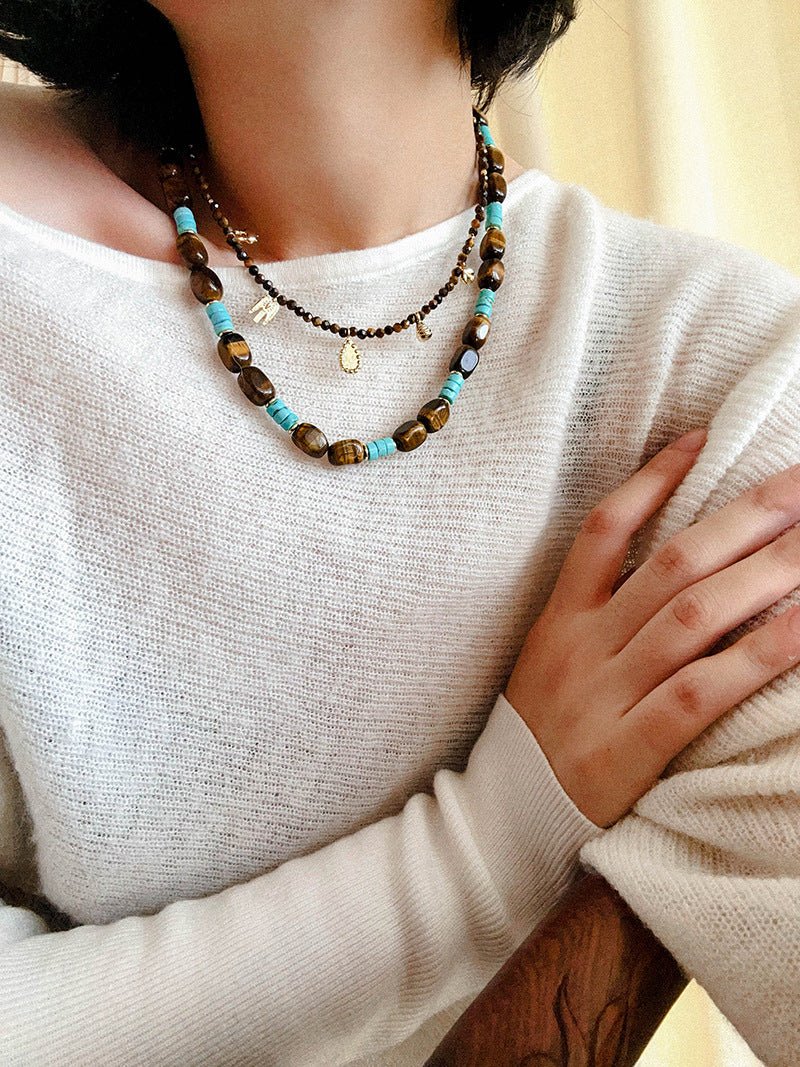 Vintage Autumn - Winter Maillard Beaded Necklace – Natural Tiger Eye Beads - floysun