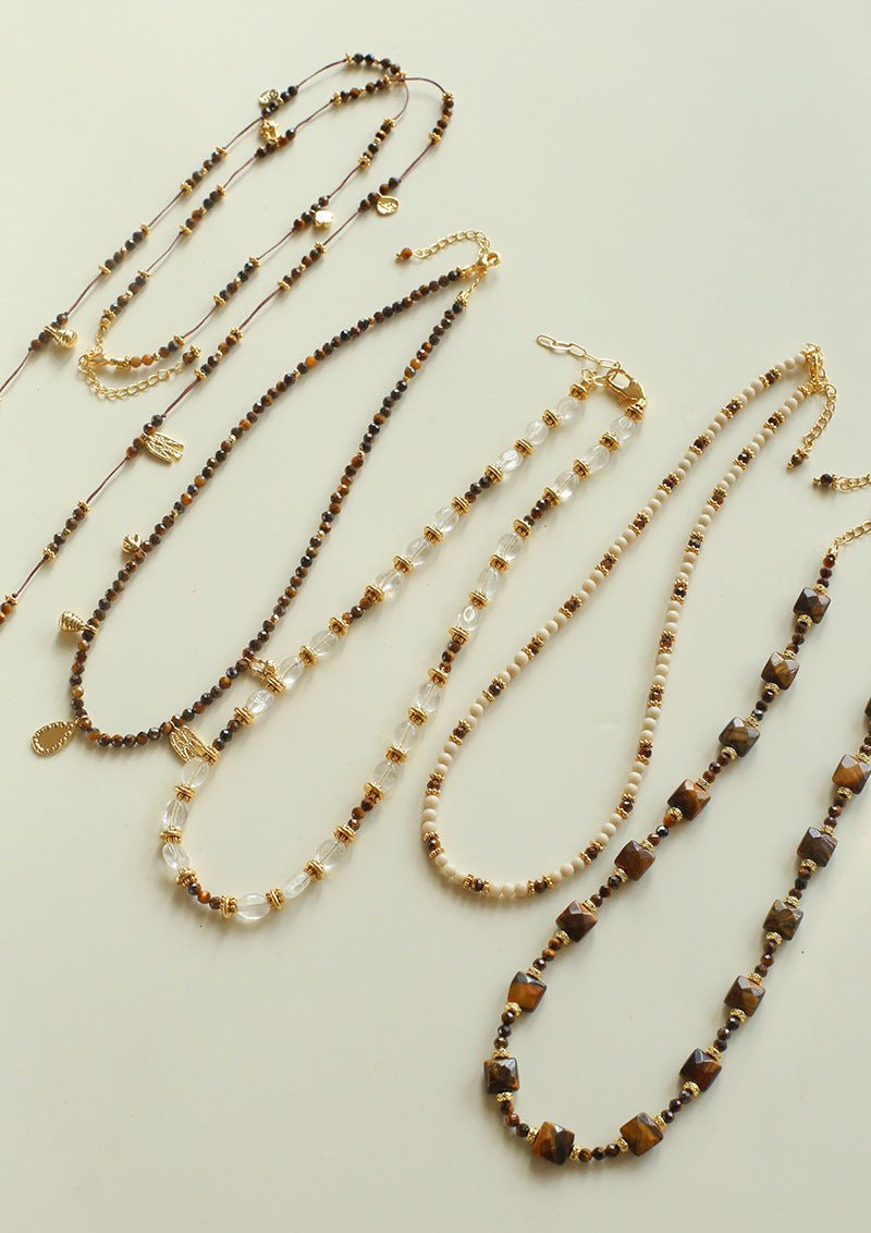 Vintage Autumn - Winter Maillard Beaded Necklace – Natural Tiger Eye Beads - floysun