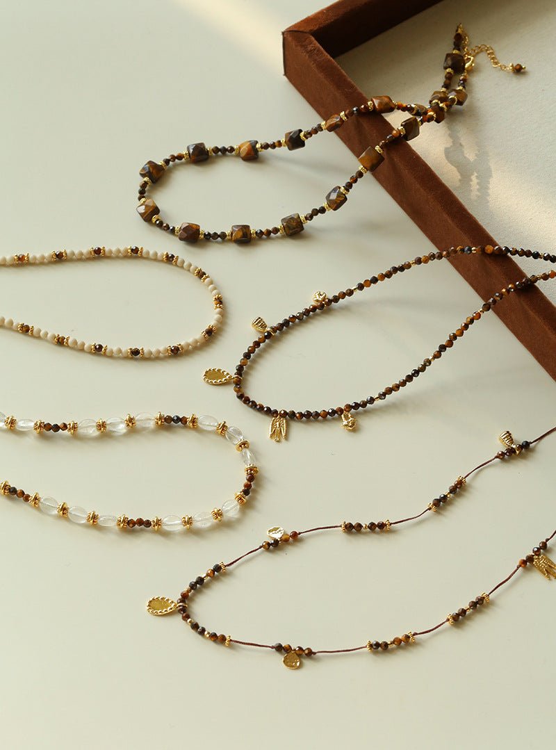 Vintage Autumn - Winter Maillard Beaded Necklace – Natural Tiger Eye Beads - floysun