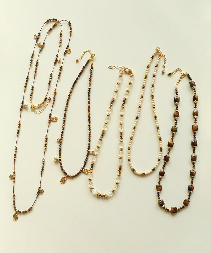 Vintage Autumn - Winter Maillard Beaded Necklace – Natural Tiger Eye Beads - floysun