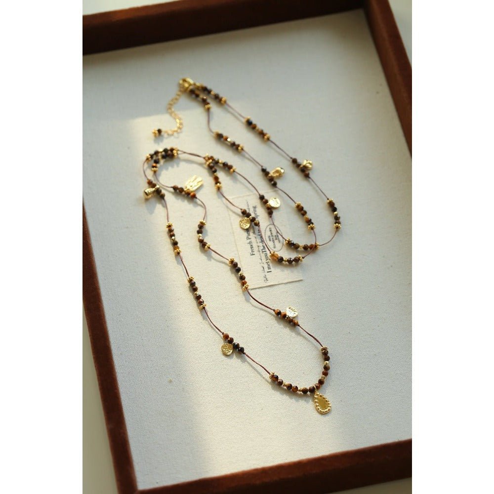 Vintage Autumn-Winter Maillard Beaded Necklace – Natural Tiger Eye Beads - floysun