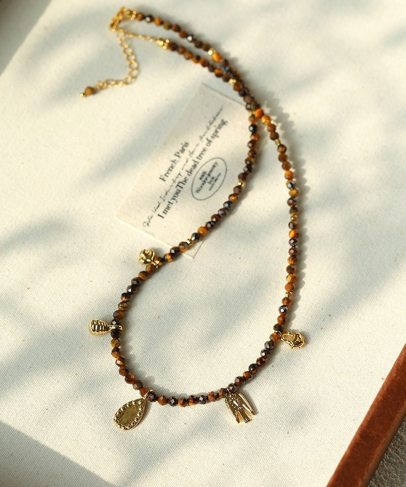 Vintage Autumn - Winter Maillard Beaded Necklace – Natural Tiger Eye Beads - floysun