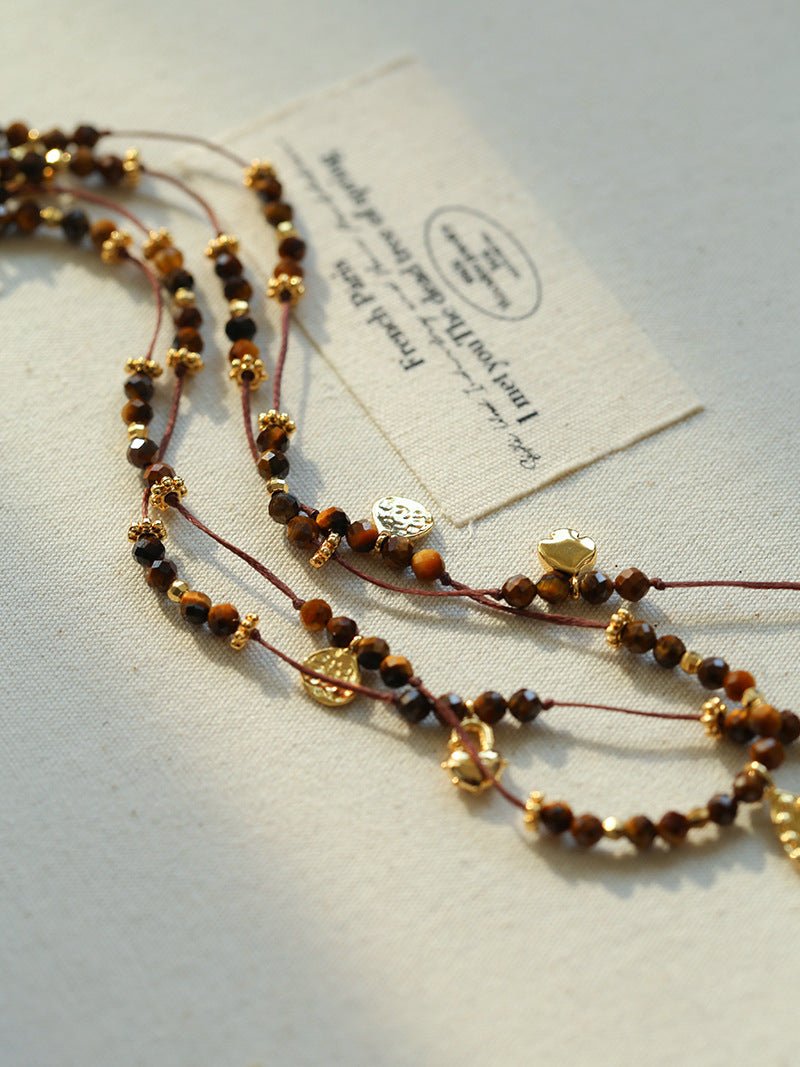 Vintage Autumn - Winter Maillard Beaded Necklace – Natural Tiger Eye Beads - floysun