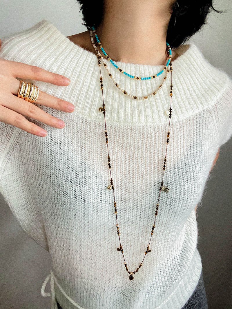 Vintage Autumn - Winter Maillard Beaded Necklace – Natural Tiger Eye Beads - floysun