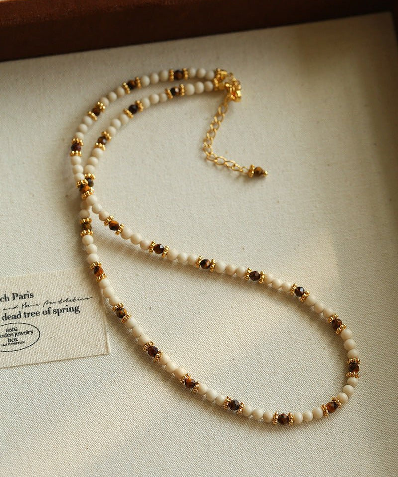 Vintage Autumn - Winter Maillard Beaded Necklace – Natural Tiger Eye Beads - floysun