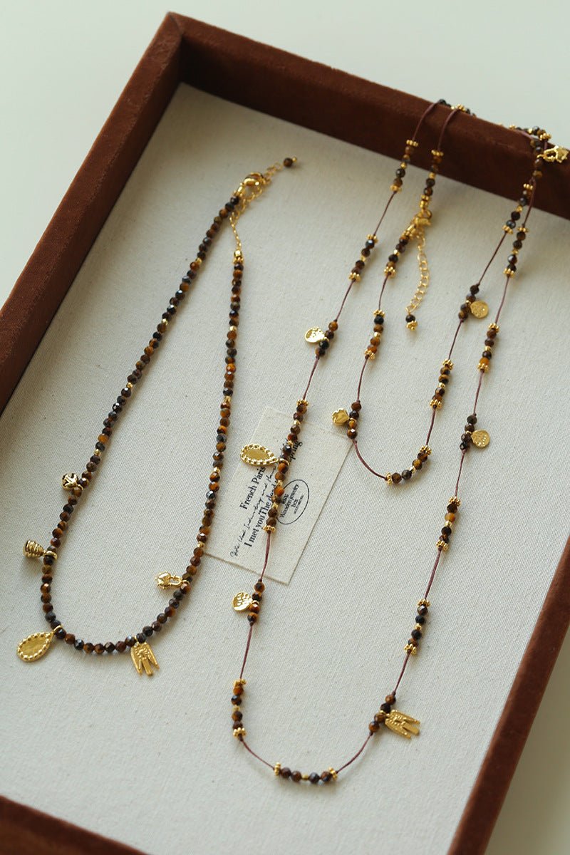 Vintage Autumn - Winter Maillard Beaded Necklace – Natural Tiger Eye Beads - floysun
