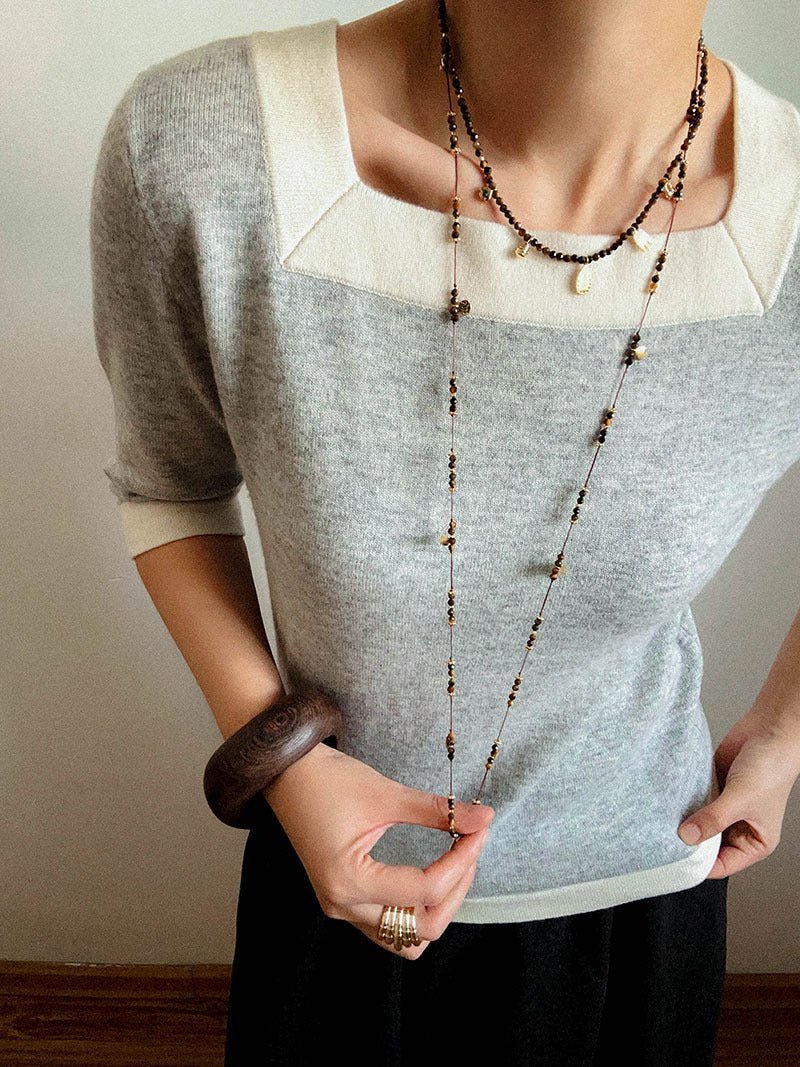 Vintage Autumn - Winter Maillard Beaded Necklace – Natural Tiger Eye Beads - floysun