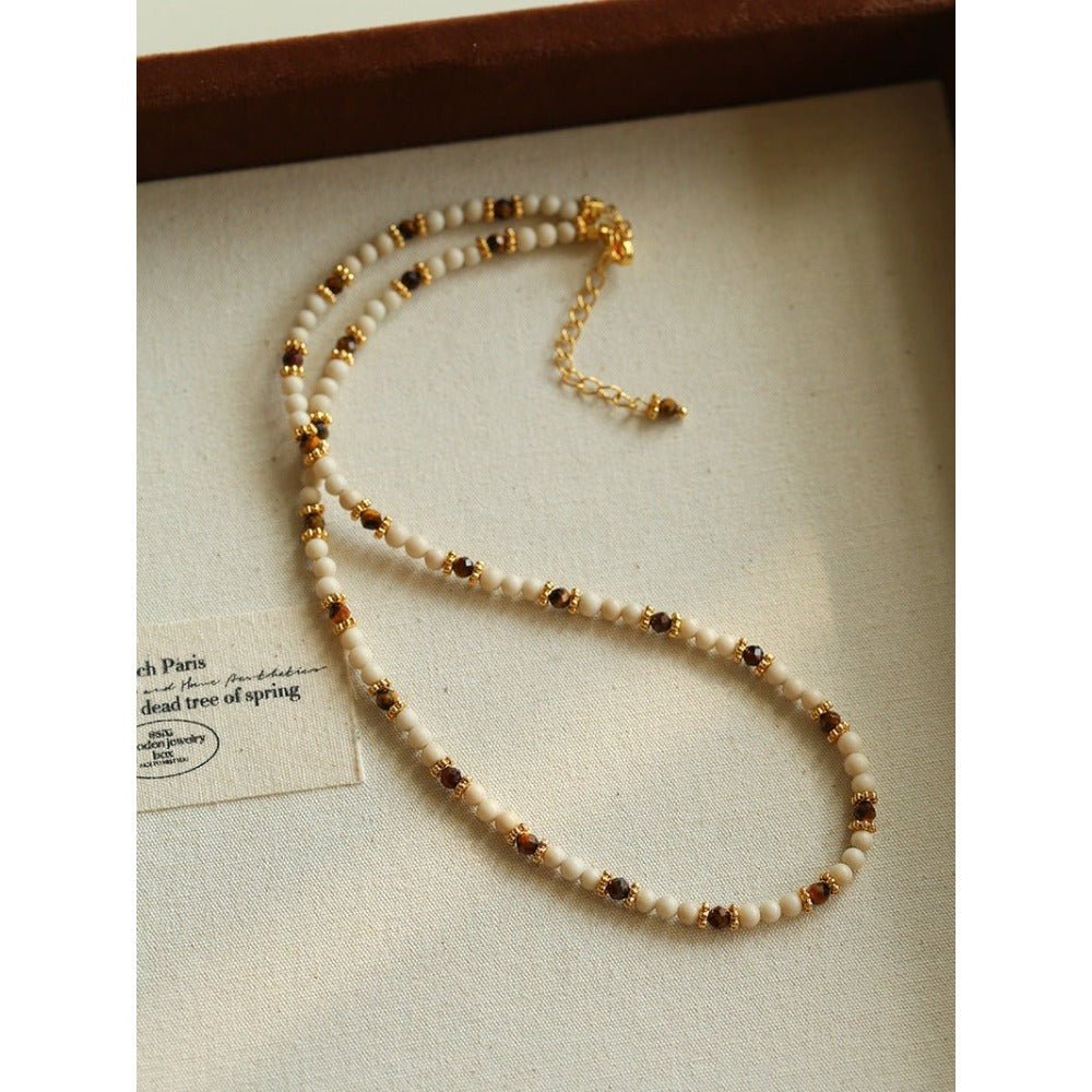 Vintage Autumn-Winter Maillard Beaded Necklace – Natural Tiger Eye Beads - floysun