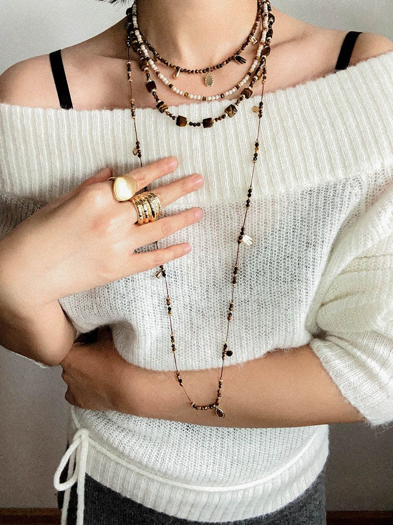 Vintage Autumn - Winter Maillard Beaded Necklace – Natural Tiger Eye Beads - floysun