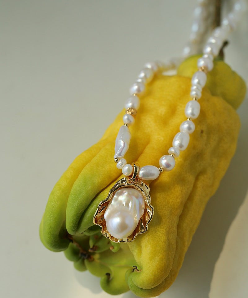 Vintage Baroque Pearl Shell Pendant Adjustable Choker Necklace - floysun