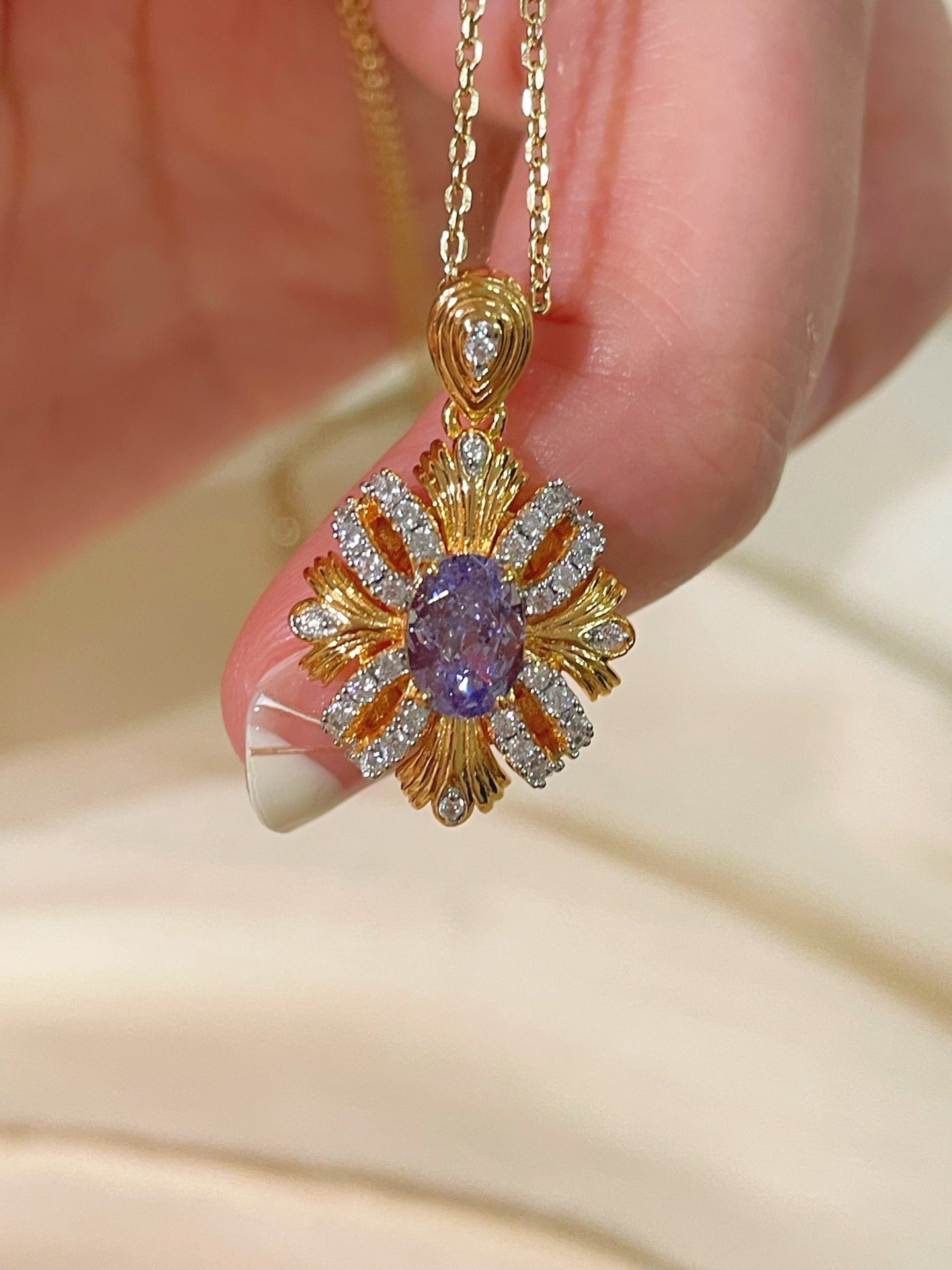 Vintage Bauhinia Flower Necklace – Purple Lab - Grown Diamond - floysun